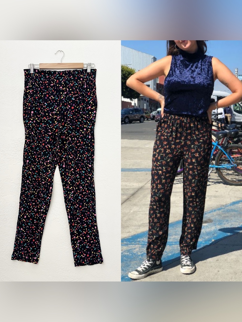 Vintage 90s Carole Little Black Rainbow Polka Dot High Rise Pants